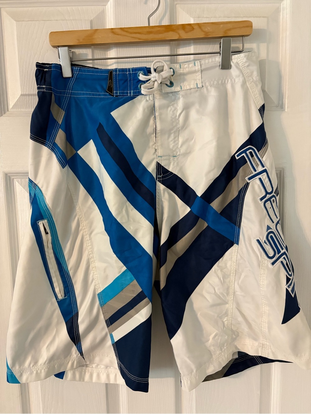 Men’s Blue White Geometric Board Shorts Swim Trunks Large